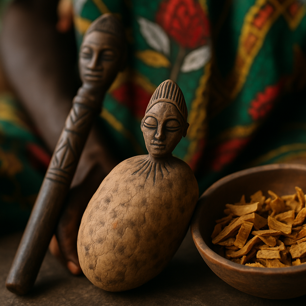 Close-up of iboga root bark and ritual implements used in traditional Bwiti settings in Gabon