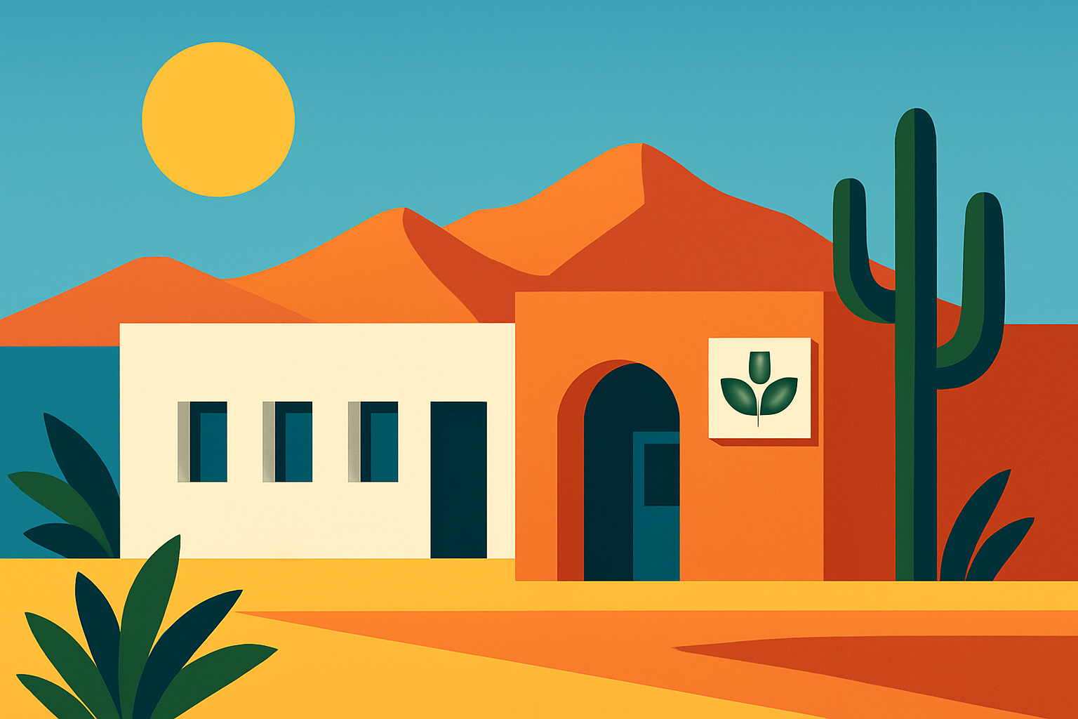 Nighttime exterior of a clinical facility in Baja California with neon accents representing an ibogaine clinic environment.