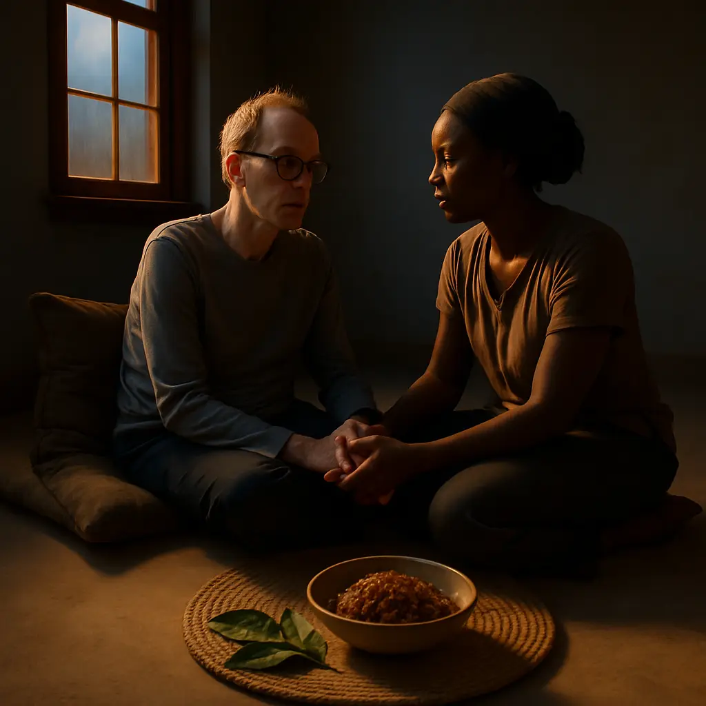 Hands resting together in a quiet moment of consideration