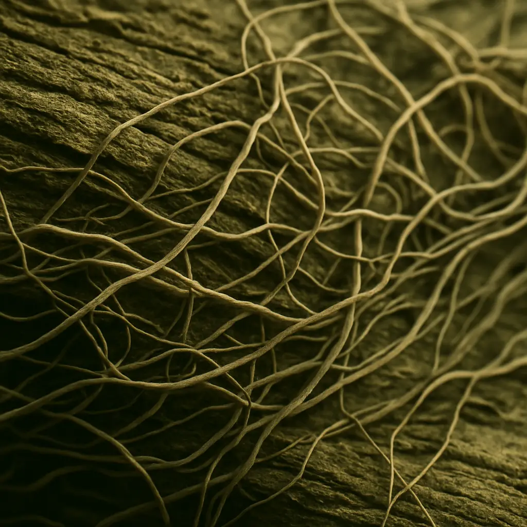 Textured botanical composition accompanying a research-focused overview of ibogaine and ALS