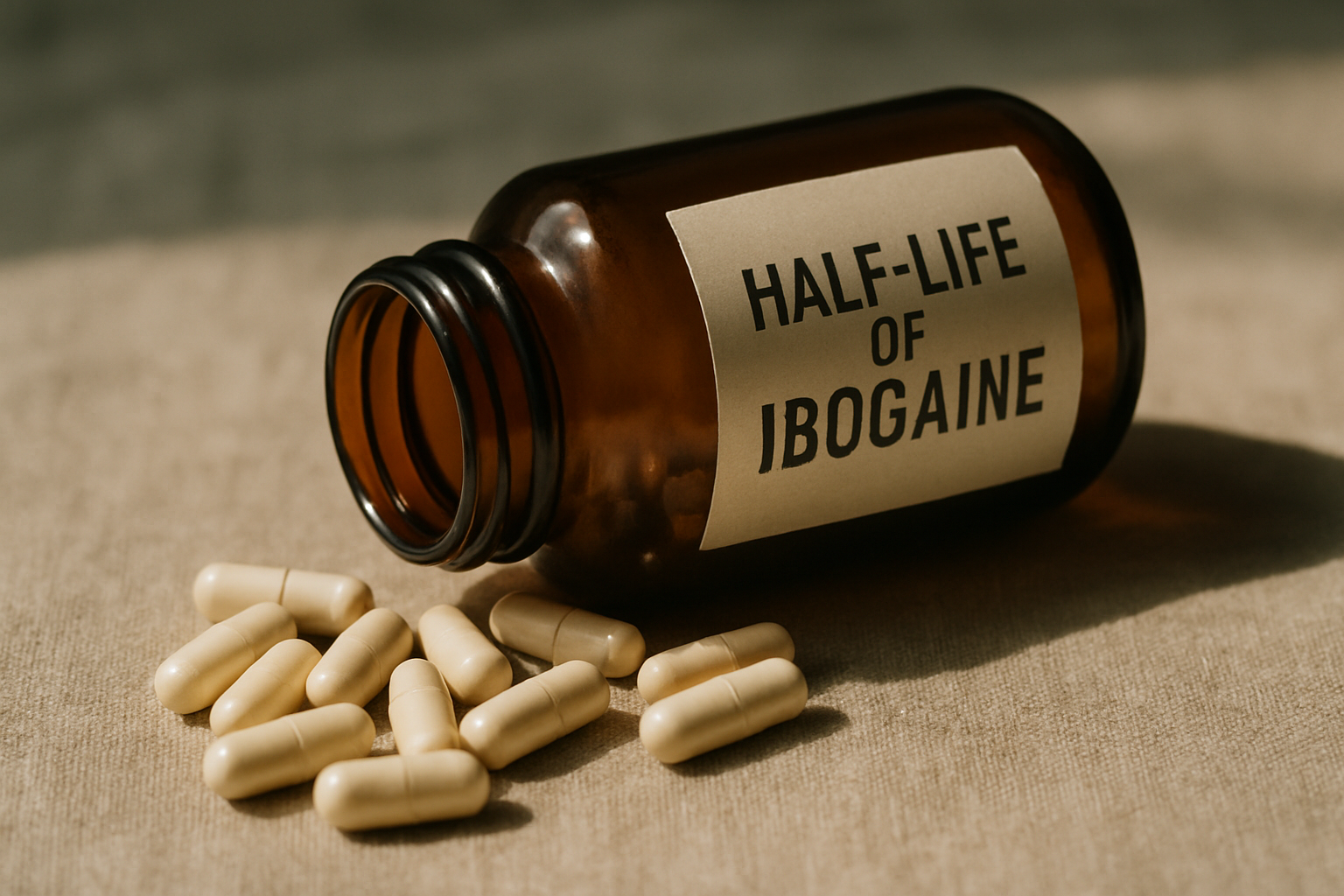 Editorial hero visualization of pharmacokinetic timelines for ibogaine and noribogaine, highlighting different half-lives.