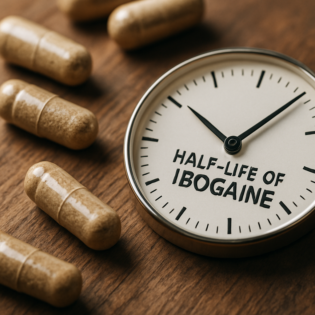 Close-up conceptual diagram illustrating pharmacokinetic half-life and terminal phase decline for ibogaine.