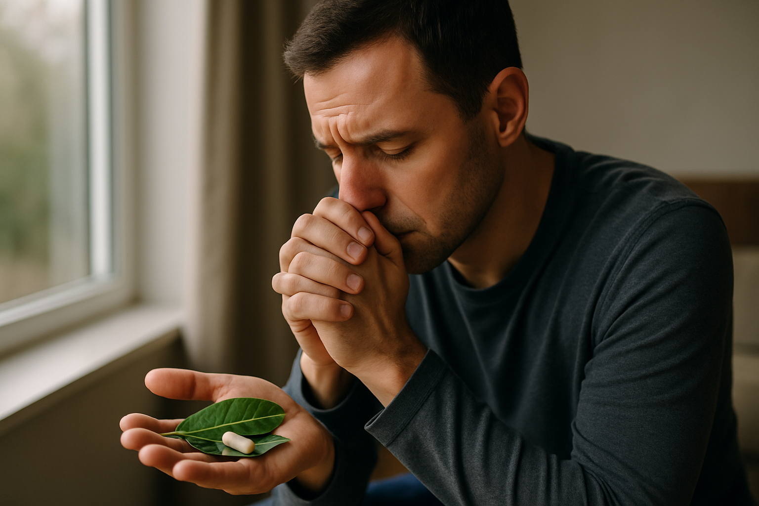 Clinician and patient discussion about ibogaine treatment in a calm treatment room, conveying clinical oversight and introspection