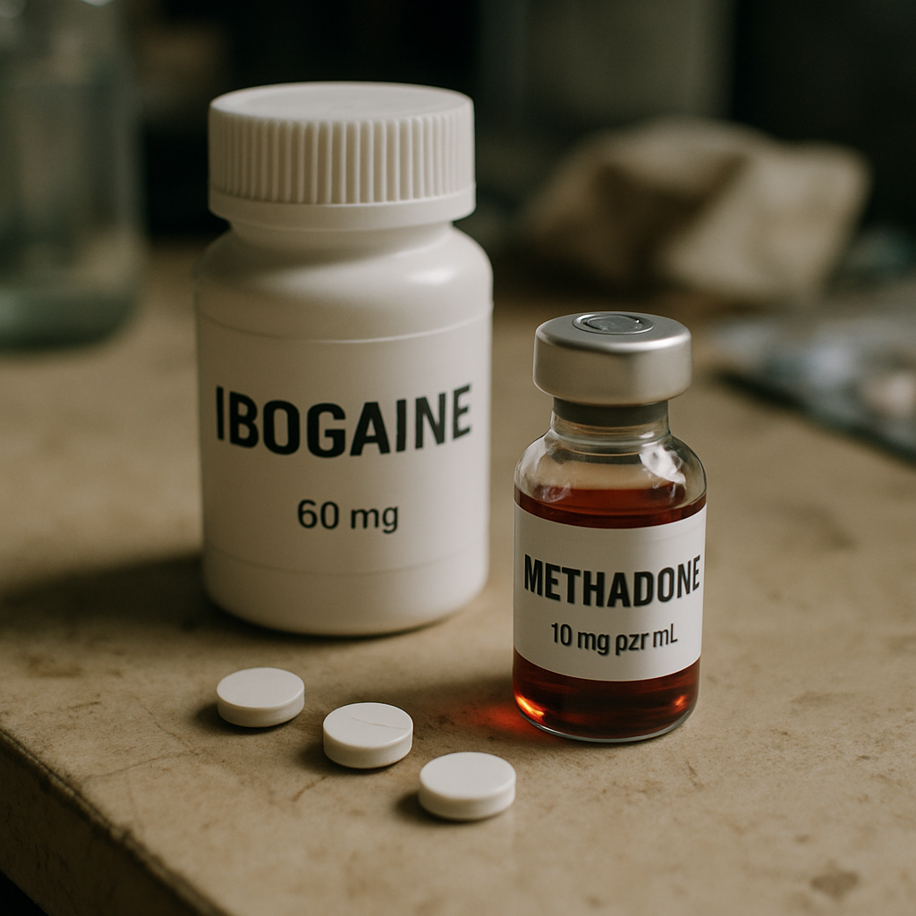 Clinical environment showing ECG monitoring and medication logs during transition from methadone to ibogaine