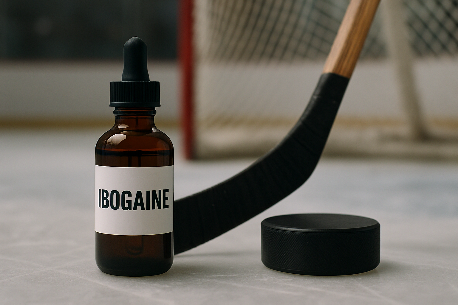 Hockey bench with helmets and sticks, setting the scene for a discussion of health and recovery