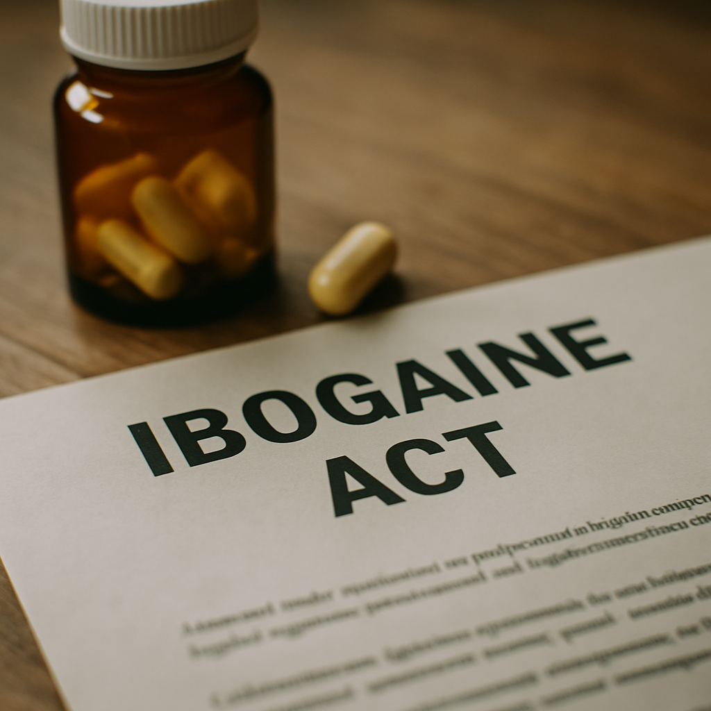 Close-up of textured policy documents and annotations illustrating the historical evolution of ibogaine legislation.
