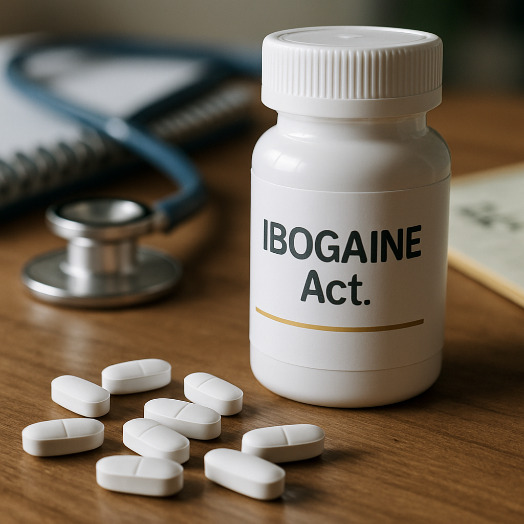 Warm-toned clinical workspace illustrating careful monitoring equipment and a calm setting for supervised ibogaine research.