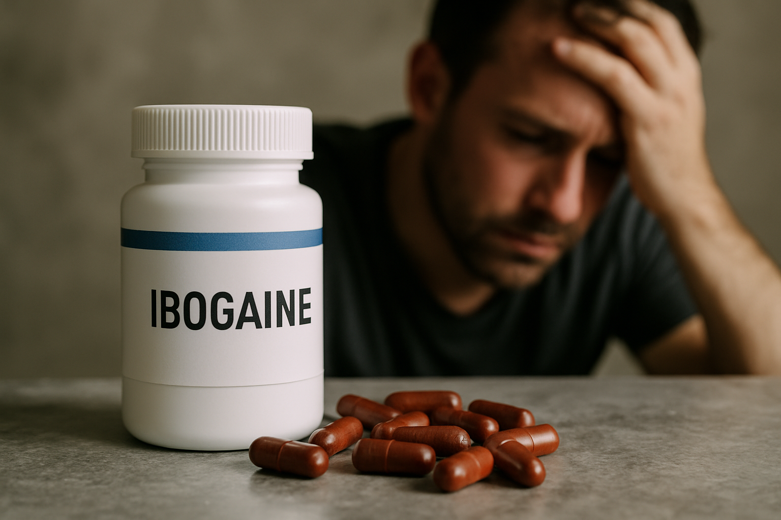 Neon-lit editorial image depicting ibogaine therapy context and relapse prevention focus, framed in a cyberpunk aesthetic.