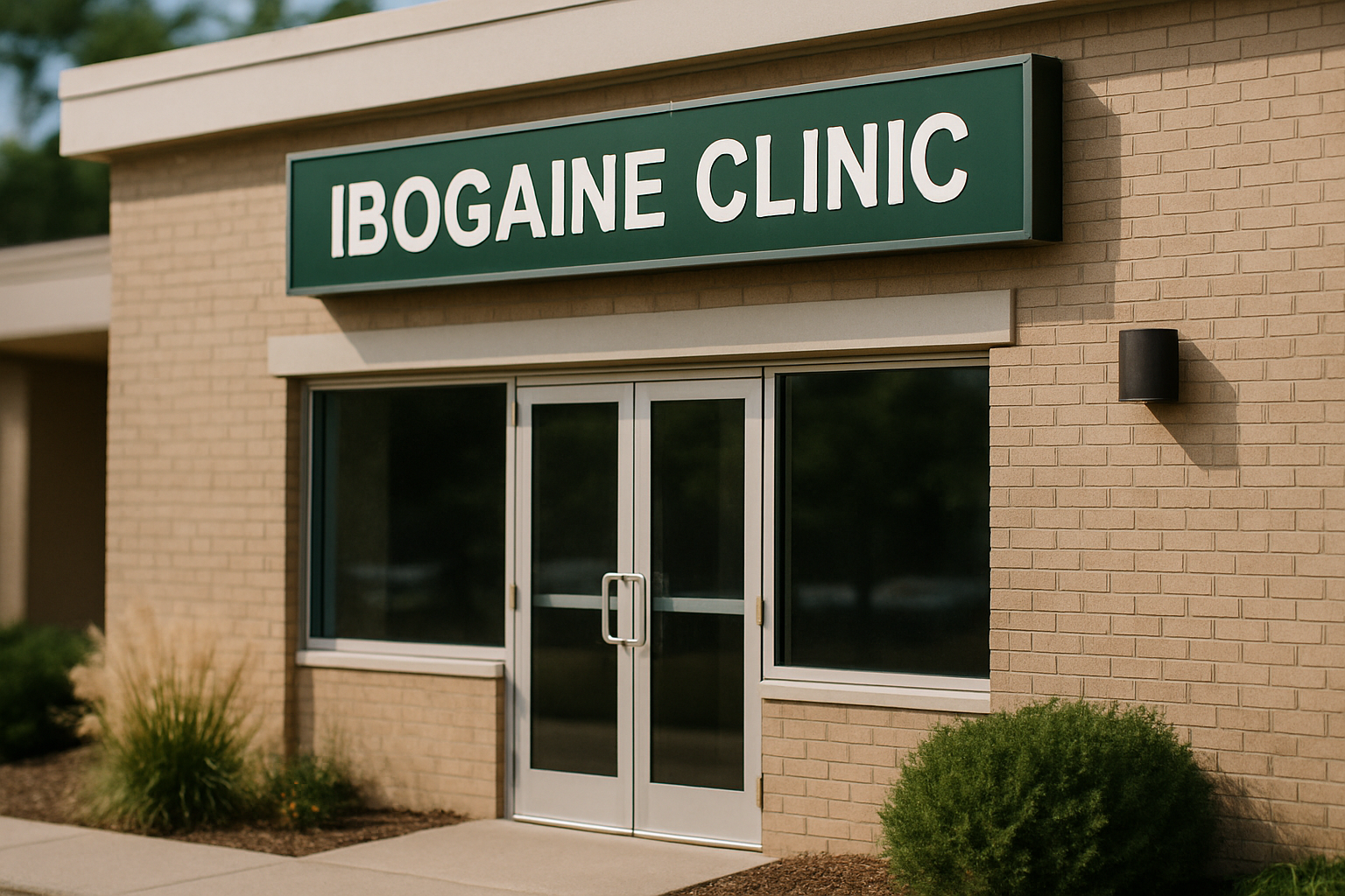 Neon skyline with clinical overlay representing international ibogaine treatment access