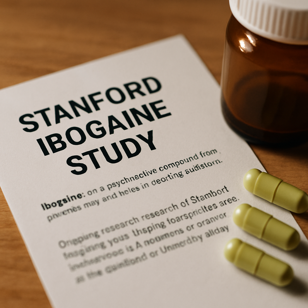 Close-up visual motif echoing ibogaine’s plant origins and scientific analysis at Stanford