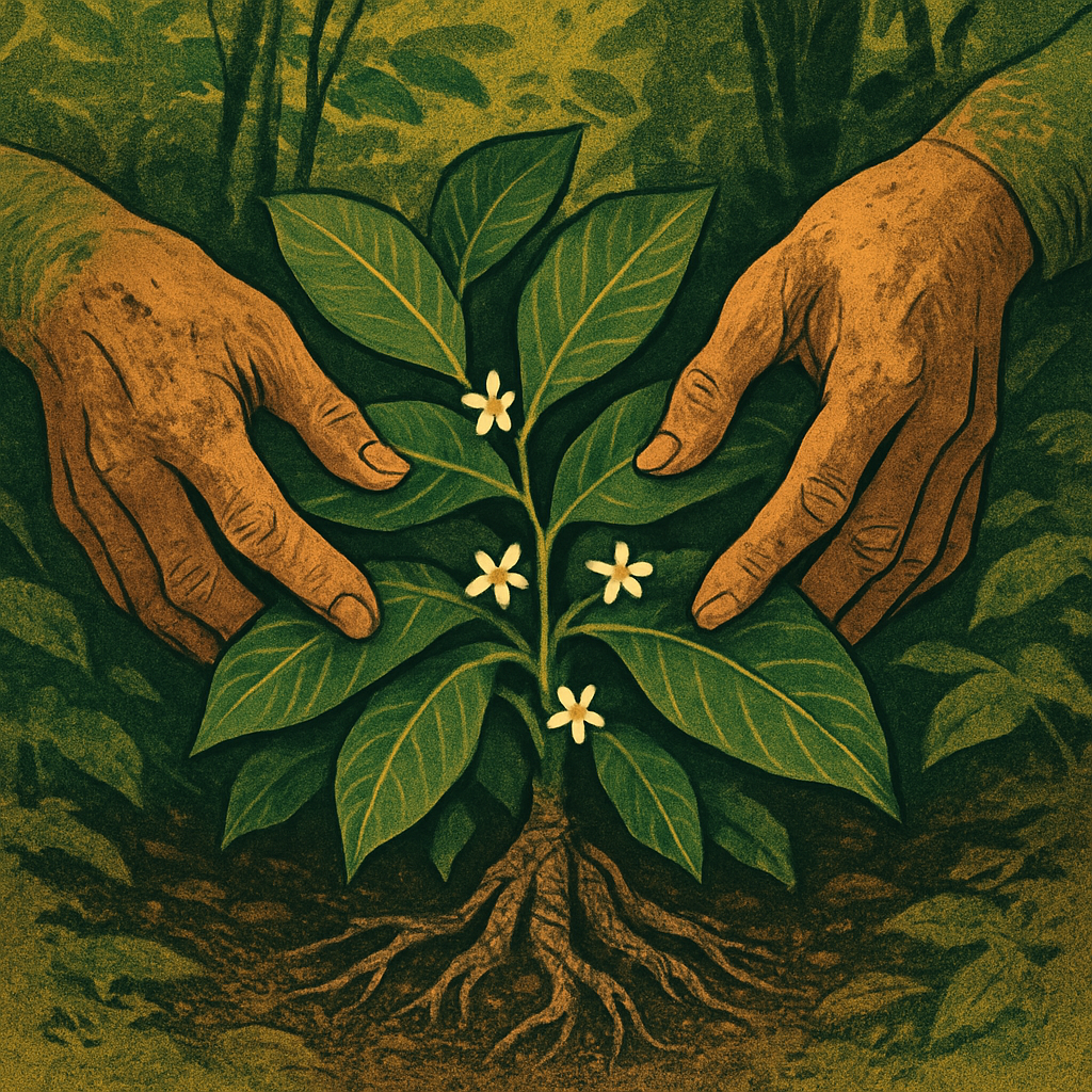 Hands engaging carefully with iboga plant material