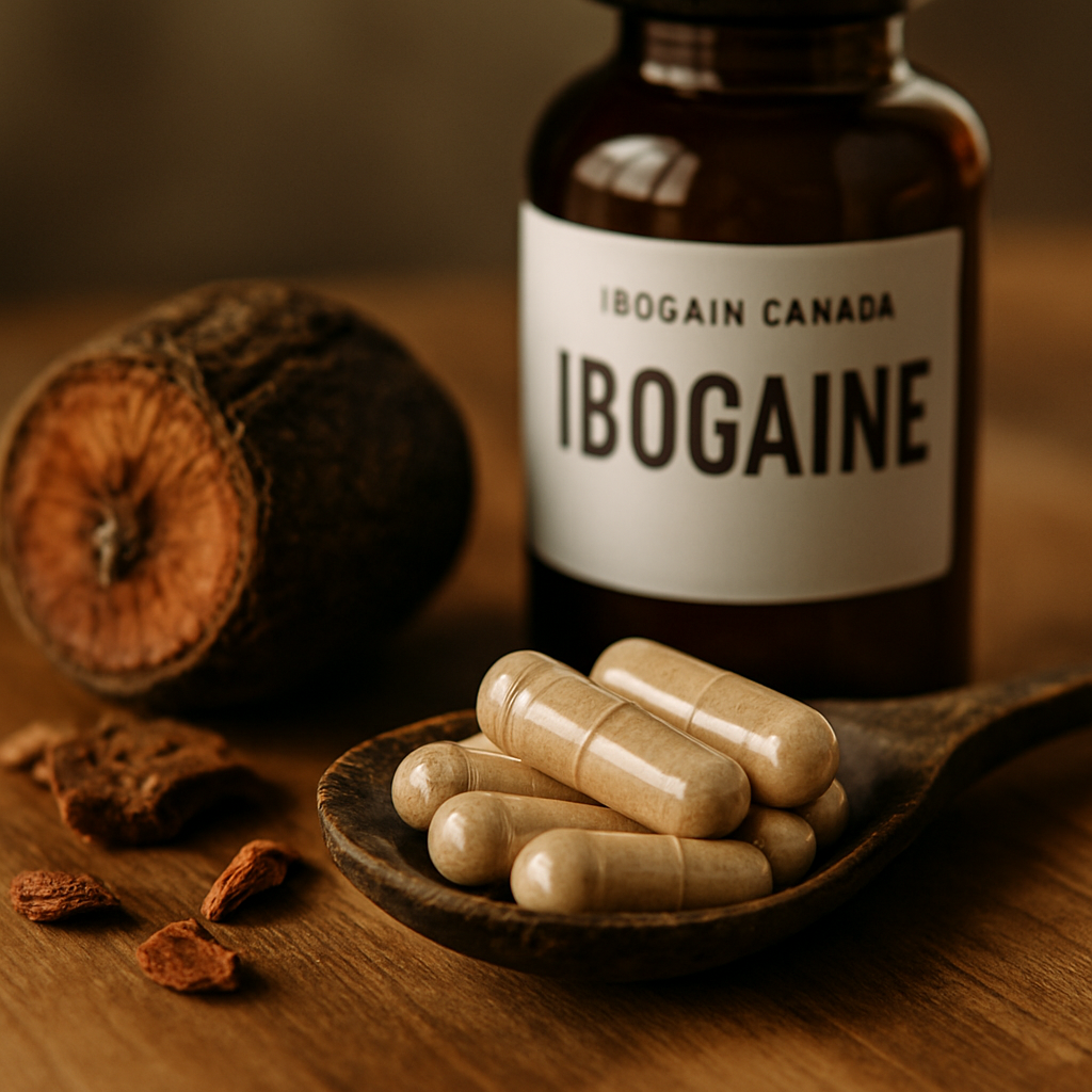 Close-up of iboga root bark and clinical notebook emphasizing plant medicine meeting modern protocols