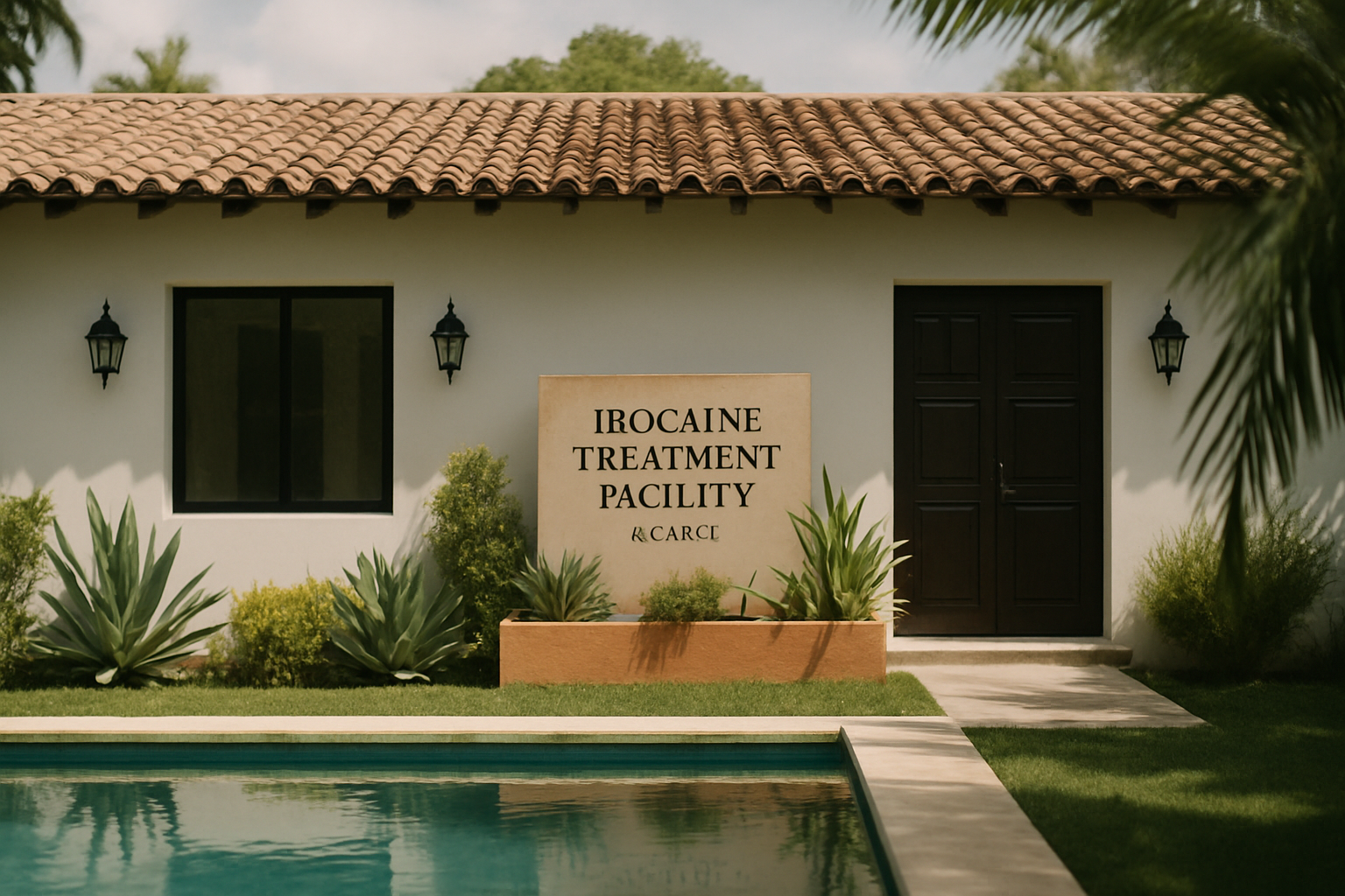 Coastal medical retreat setting representing an ibogaine clinic in Mexico, blending clinical oversight with tranquil surroundings