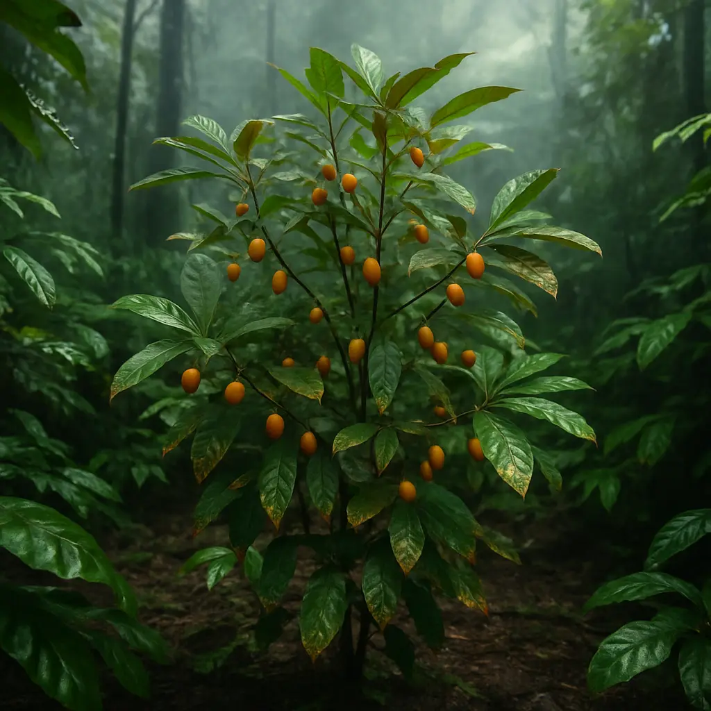 Close botanical detail beside information about cardiac risk and ibogaine