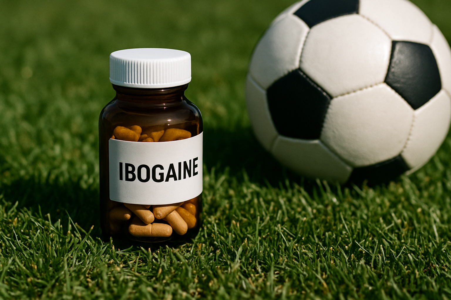A dramatic soccer setting representing the intersection of ibogaine questions, sport, and recovery