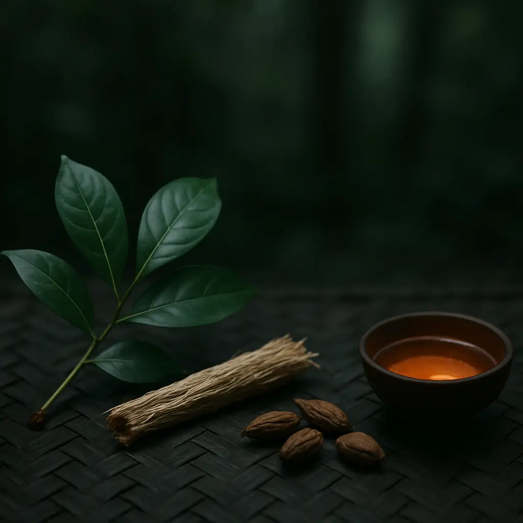 Symbolic still life introducing a chronological overview of ibogaine evidence and safety questions