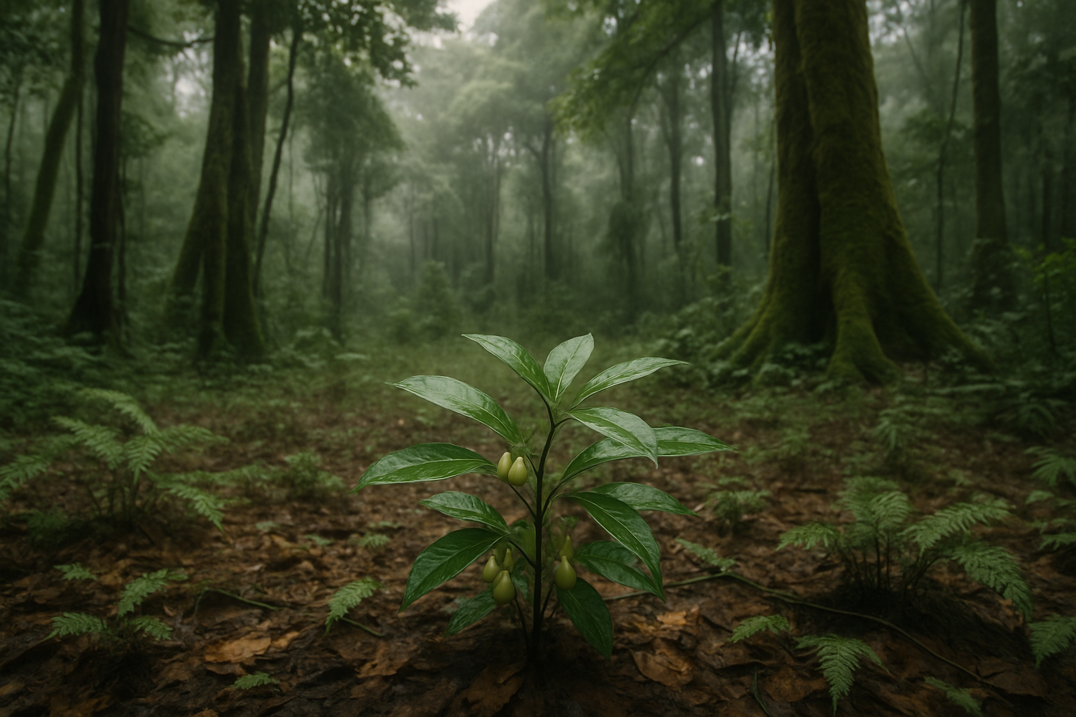 Iboga plant material and seeds arranged in a natural setting