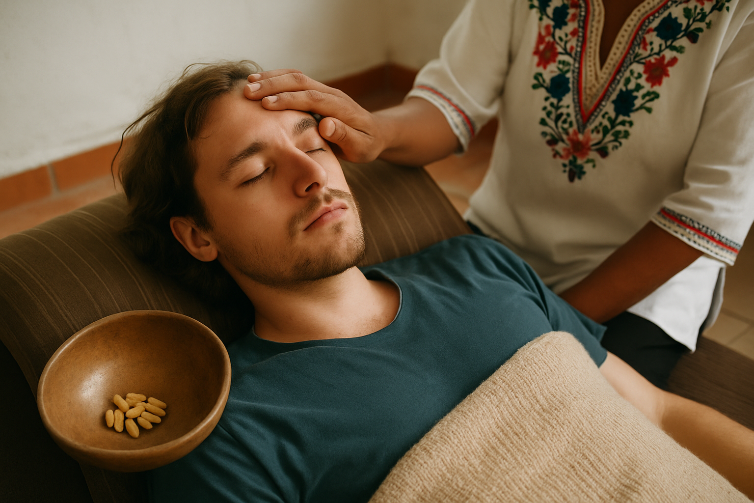 Warm, welcoming clinical setting in Mexico for ibogaine treatment with soft natural light and calm textures.