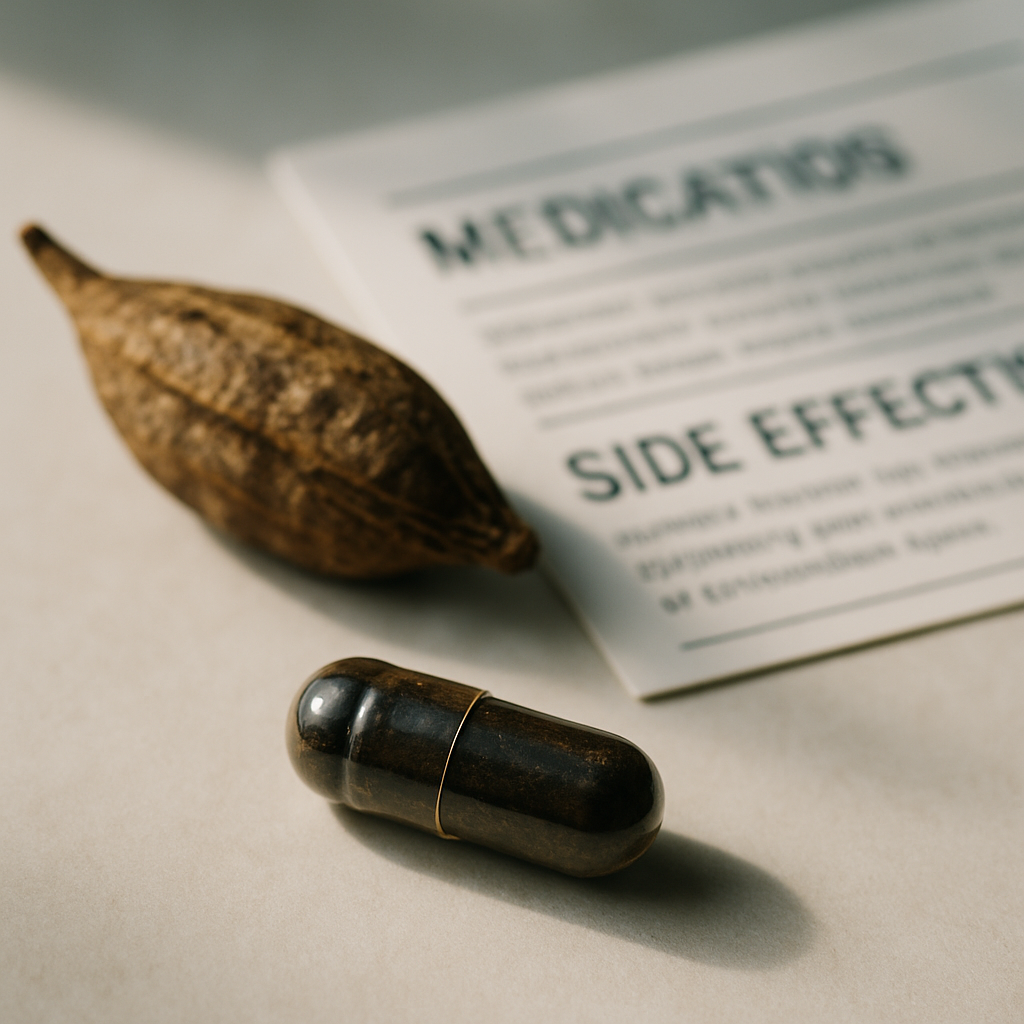 Clinical instruments arranged to highlight ibogaine risks, side effects, and key contraindications.