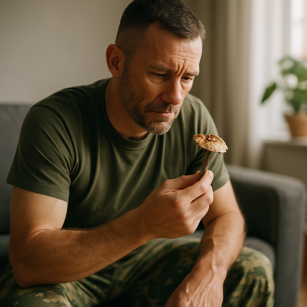 Real-world context of a clinic corridor and debrief space where veterans prepare and integrate after psychedelic sessions.