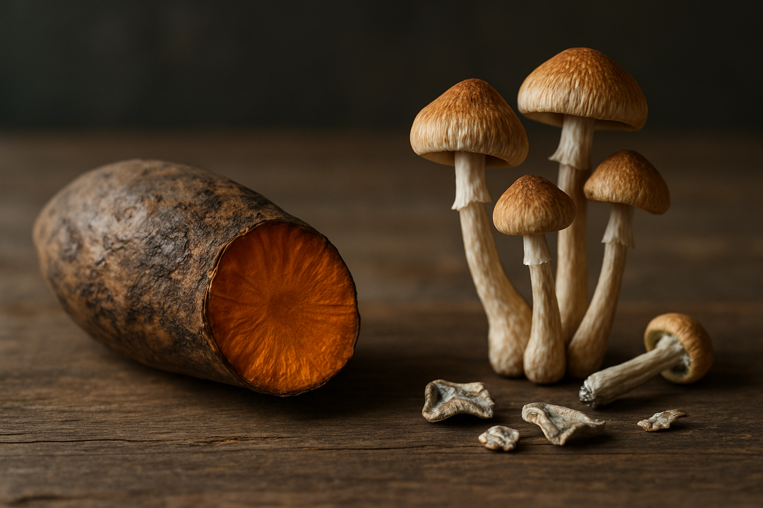 Visual montage linking a lab schematic and nature scene to frame ibogaine and psilocybin therapies.
