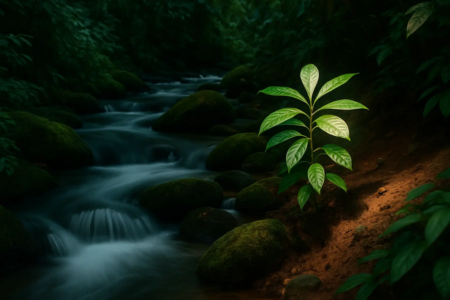 Natural plant material and ritual objects in a quiet setting, introducing ayahuasca and ibogaine questions