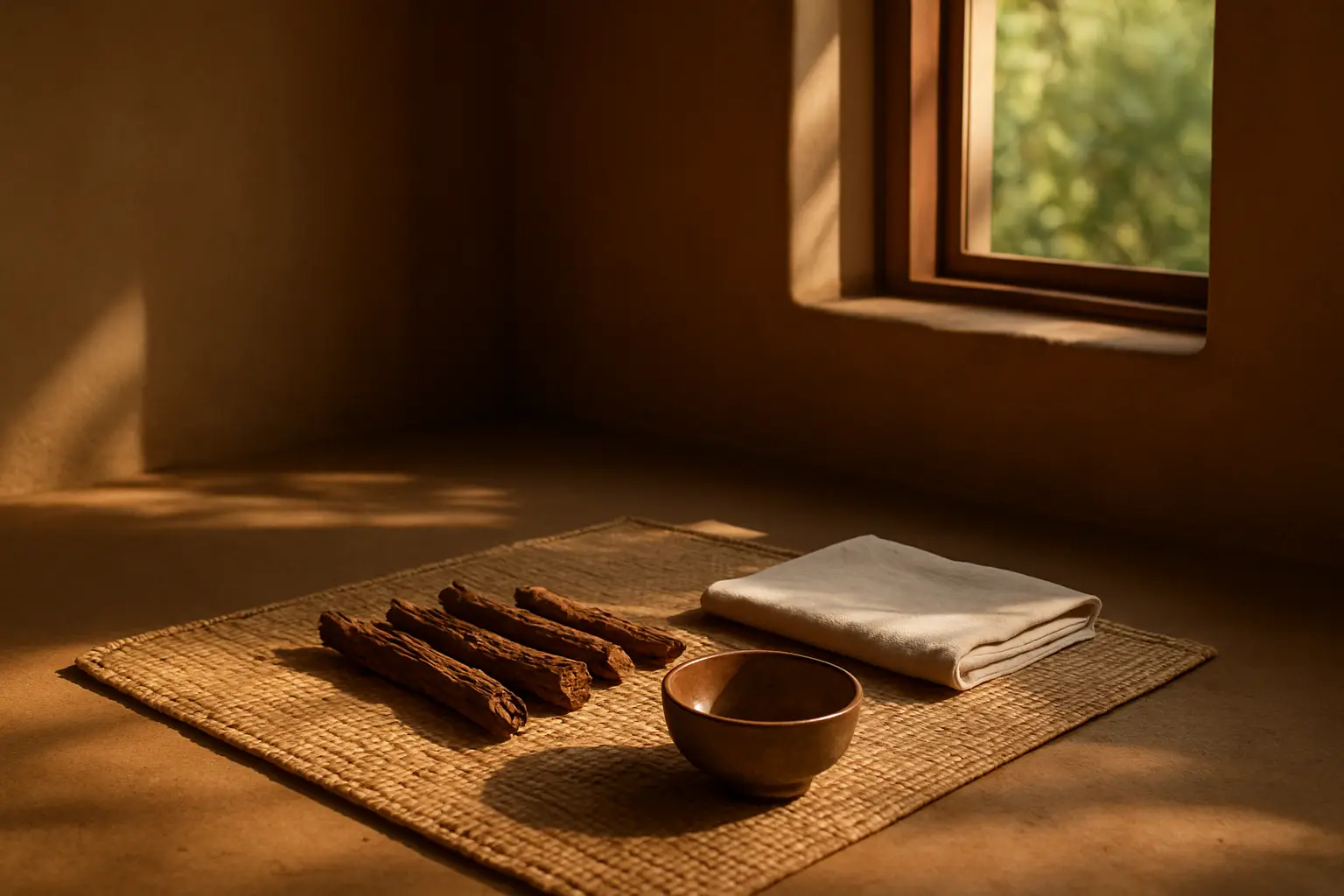Calm indoor space representing preparation and careful review before an ibogaine programme