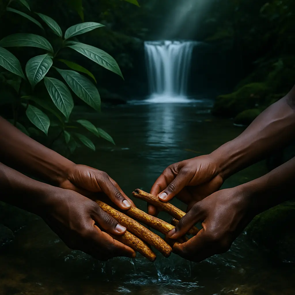 Hands gathered in a setting that reflects careful attention to Bwiti context