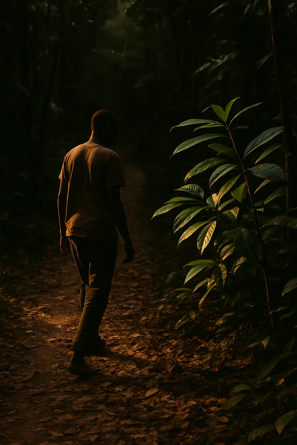 A quiet figure in reflective light, accompanying a careful reading of ibogaine experience narratives
