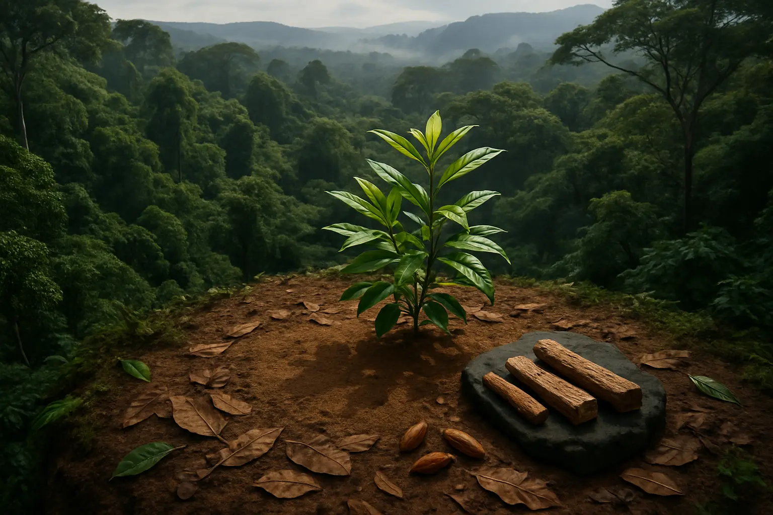 Symbolic still-life composition introducing cautious ibogaine information