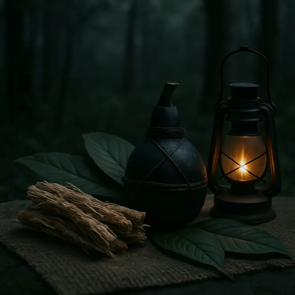 Symbolic still-life reflecting a thoughtful comparison of ibogaine and ayahuasca