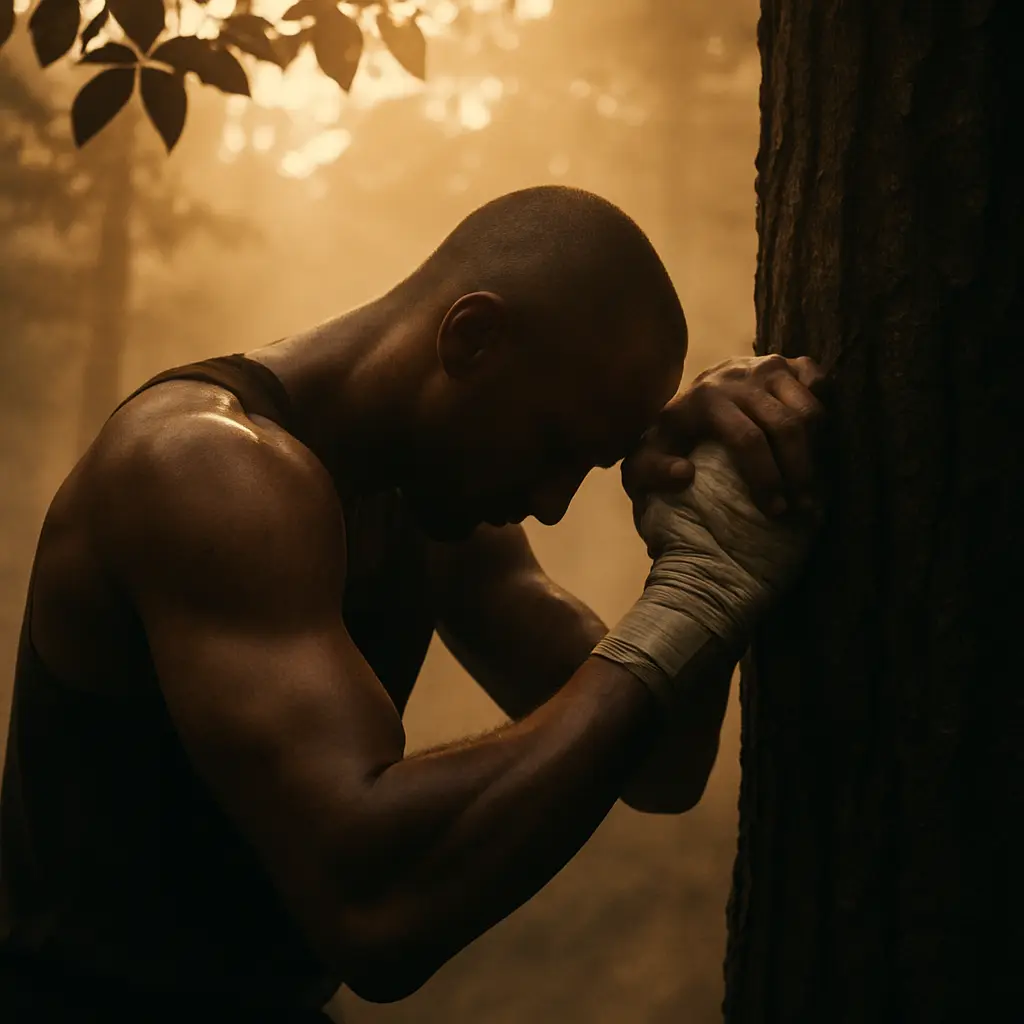 Quiet, natural-light boxing scene introducing a safety-focused discussion of head trauma and ibogaine