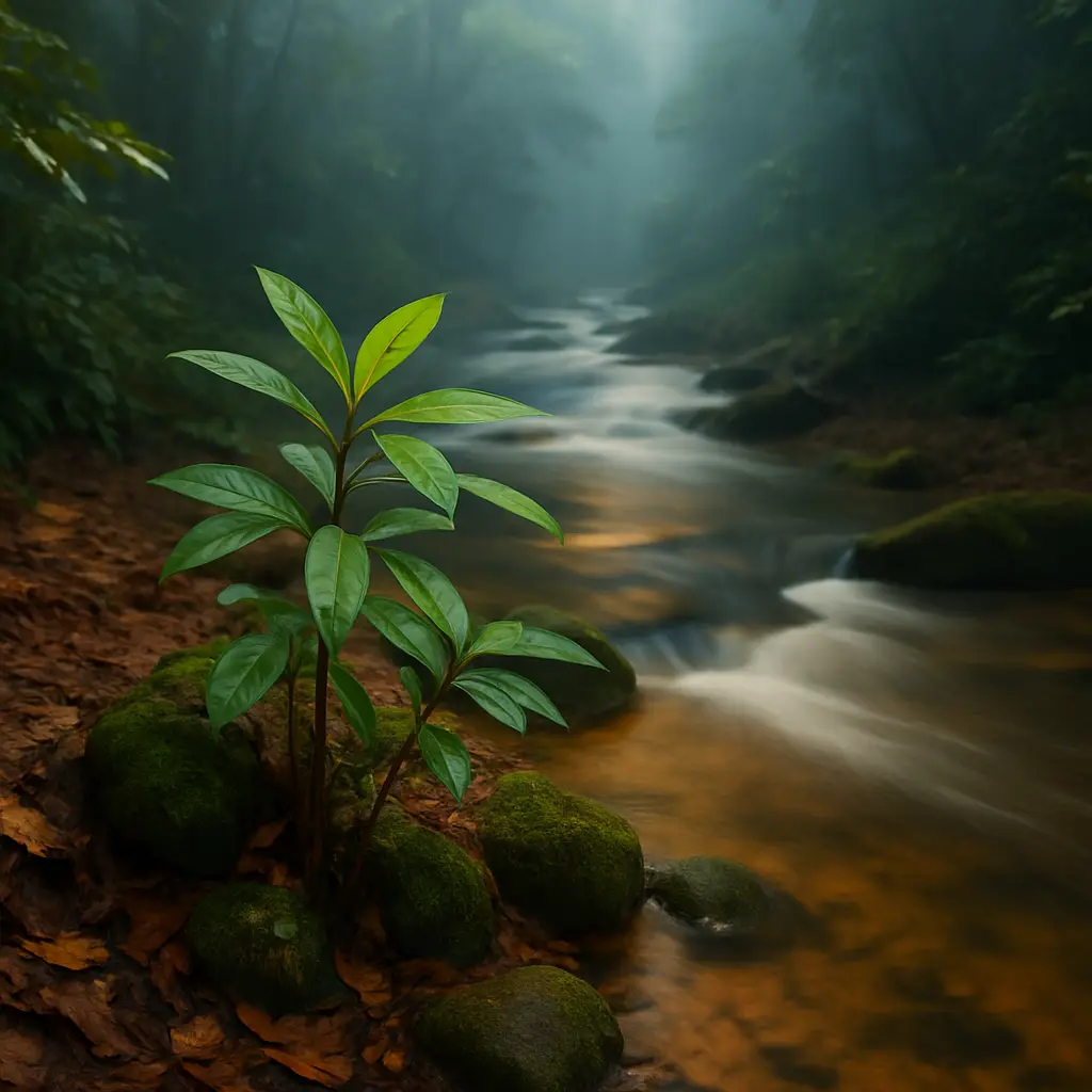 Contemplative natural detail accompanying an overview of ibogaine evidence and policy